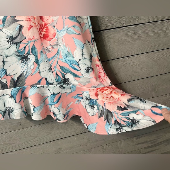 ASOS Pink Blue Floral One Shoulder Scuba Asymmetrical Peplum MIDI Dress Sz US8 - Picture 13 of 15